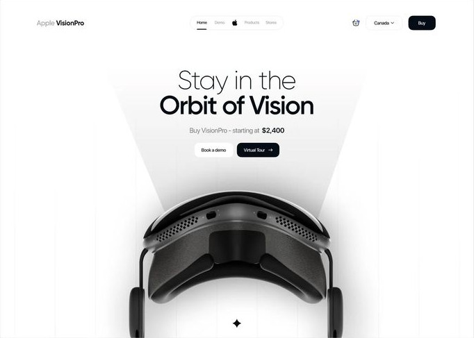 An Apple Vision Pro store page — the headset lit from above under the headline Stay in the Orbit of Vision, priced from $2,400, with Book a demo and Virtual Tour buttons