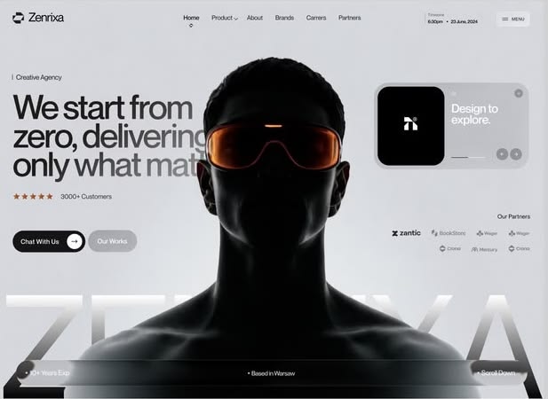 The Zenrixa creative agency homepage — a black 3D bust in orange visor beside the headline "We start from zero"